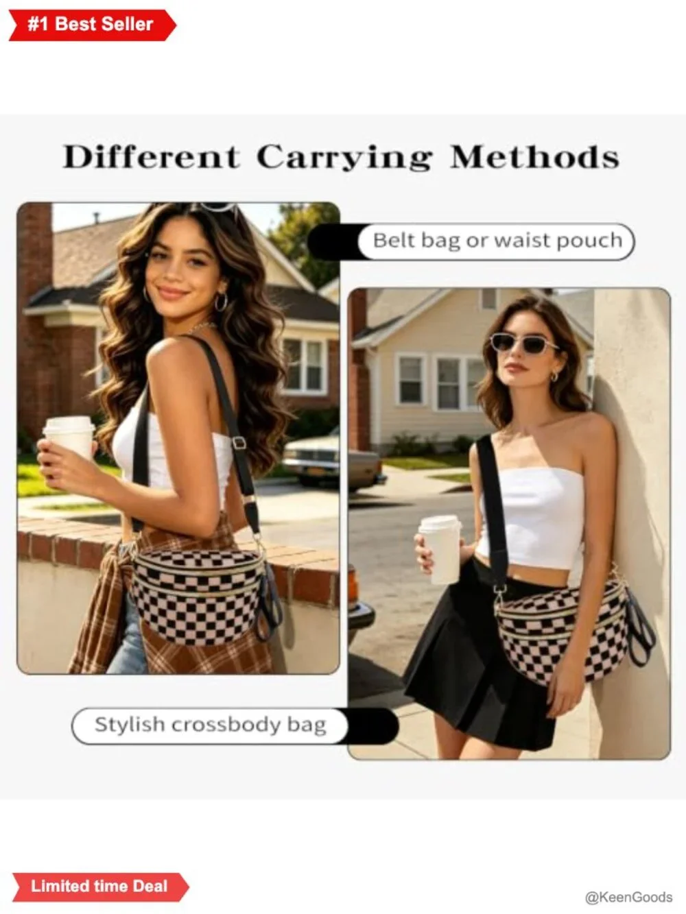 Nylon Crossbody Bum Bag Spacious Fanny Pack Adjustable Strap 3-in-1